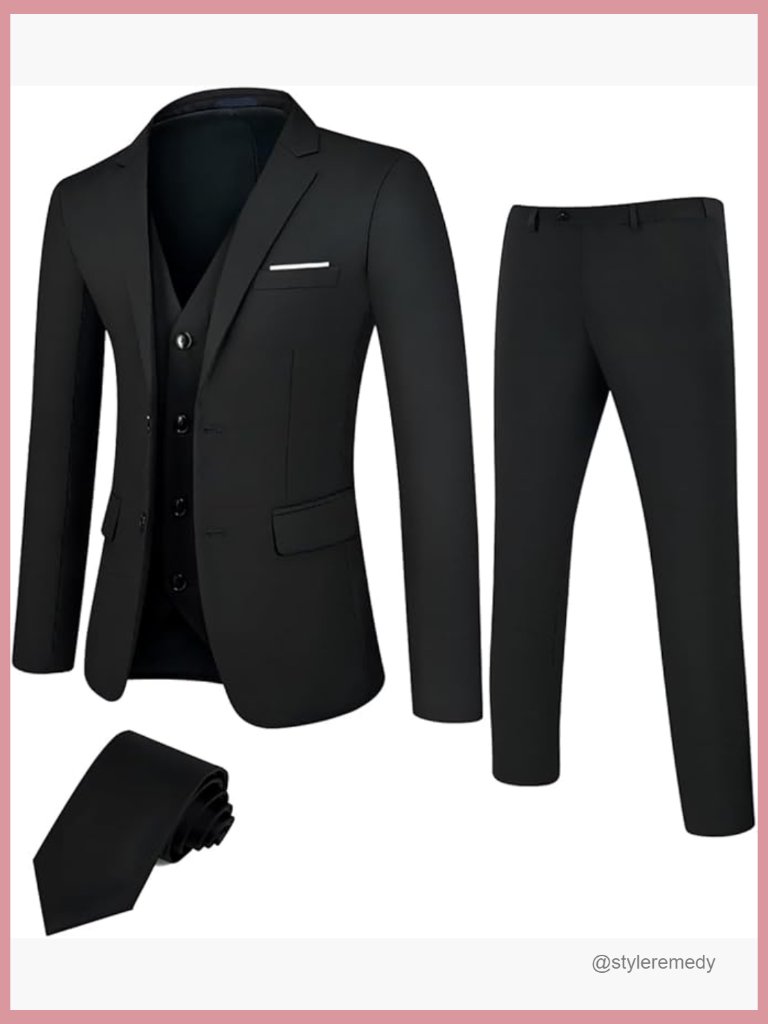 3 Piece Slim Fit Suit Set With Blazer Vest Pants Tie